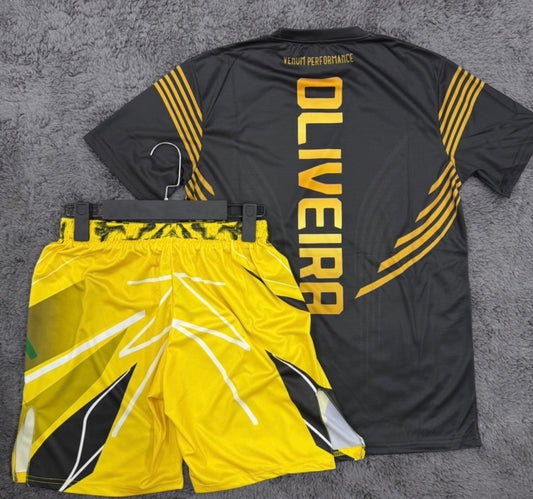 CHARLES OLIVEIRA BLACK SHIRT AND YELLOW SHORTS COMBO