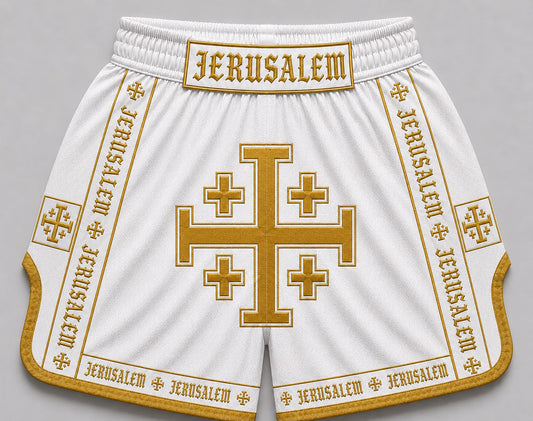 Jerusalem Gold Cross satin Muay Thai shorts